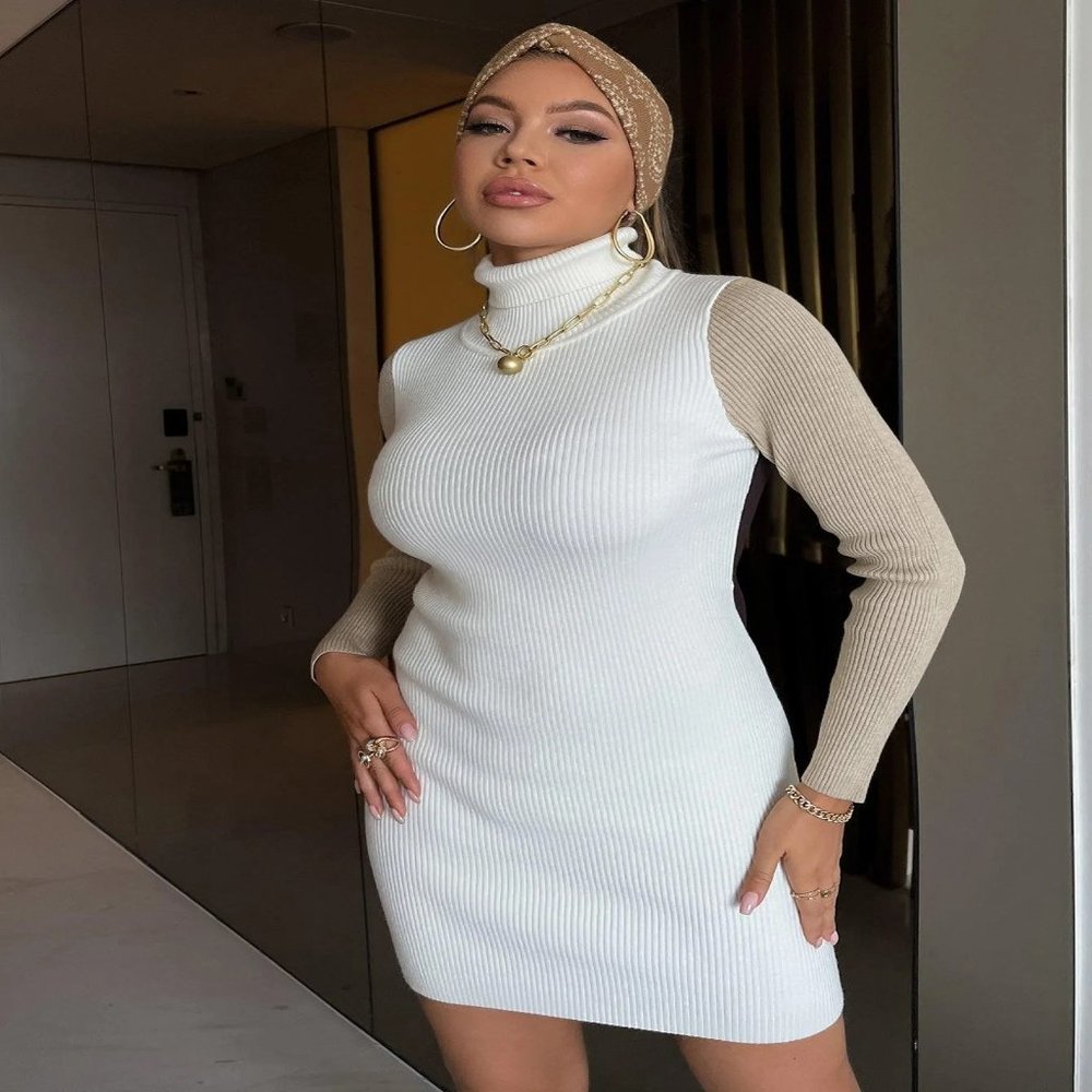 Rib-Knit Turtleneck Mini Sweater Dress